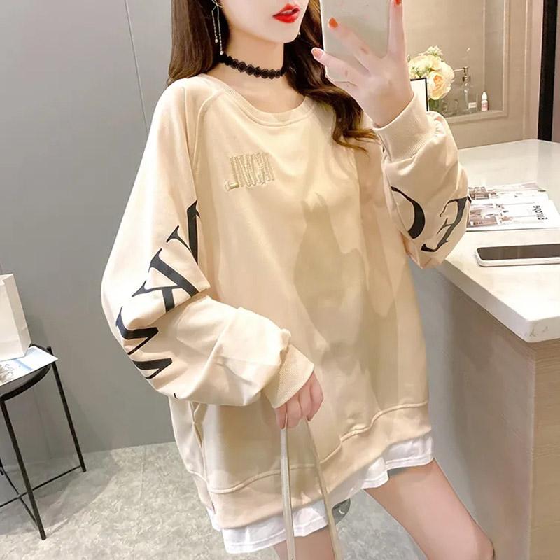 Cotton Sweatshirt Women Autumn Spring Large Size Loose Mid-Length Round Neck Sweatshirt Casual Versatile Long Sleeve Tops