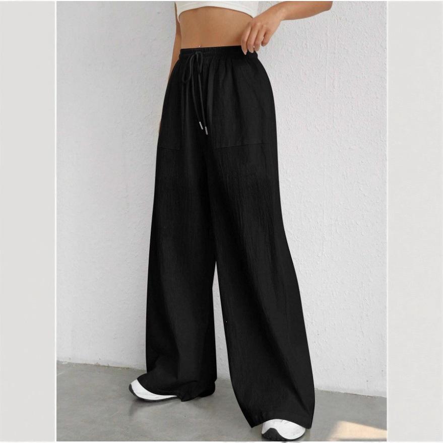 European & American Women's Micro-Flare Drawstring Pants with Pockets, Casual Solid Color