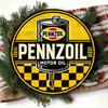 D Flat Vintage Pennzoil Motor Oil Can with Dripping Oil  Checkered Flag Background Retro Round Metal Tin Sign  Automotive G