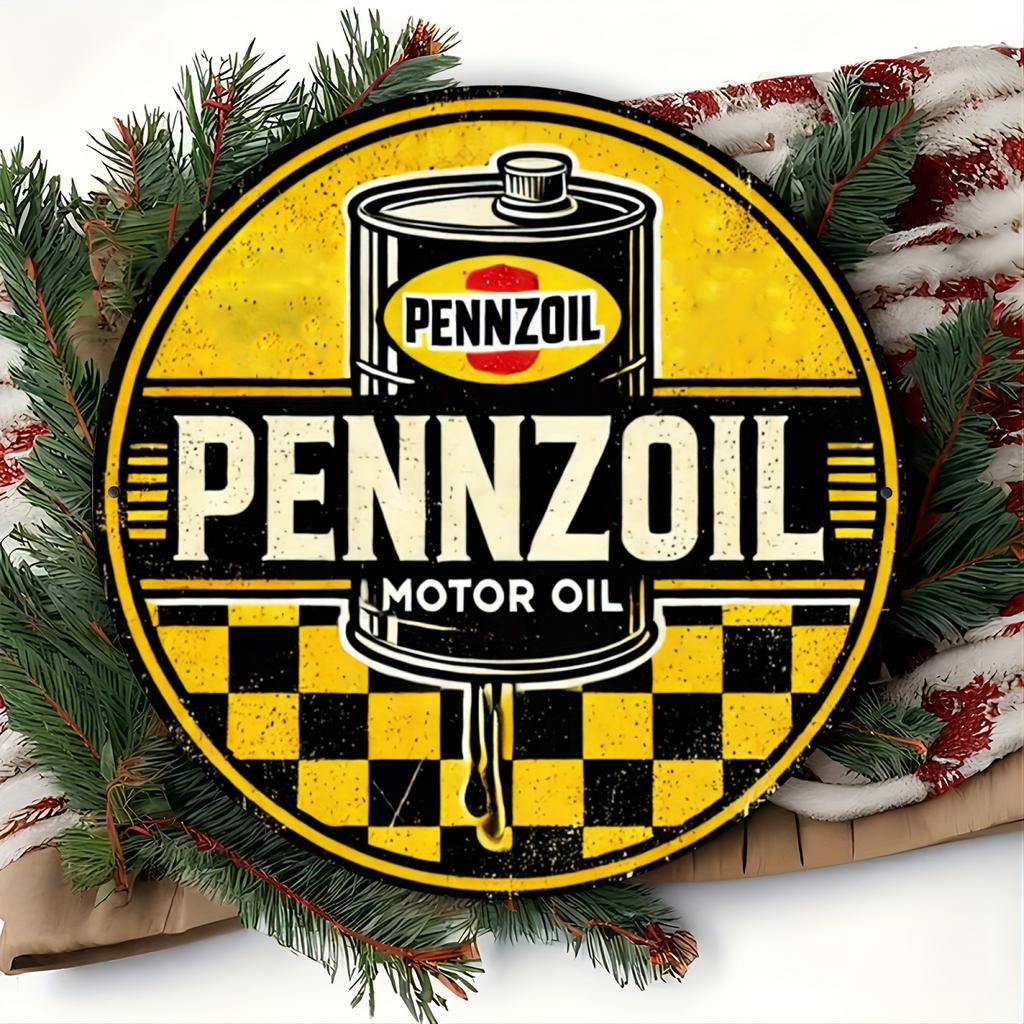 D Flat Vintage Pennzoil Motor Oil Can with Dripping Oil Checkered Flag Background Retro Round Metal Tin Sign Automotive G