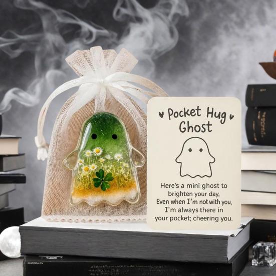 1/2/4/5Pcs Pocket Hug Ghost with Positive Card Emotional Support Ghost Token Mini Halloween Cartoon Ghost Statue Inspirational Gift