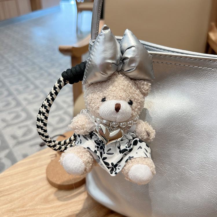 Korean Floral Dress Bear Keychain with Pearl Bow - Cute Doll Backpack and Car Pendant