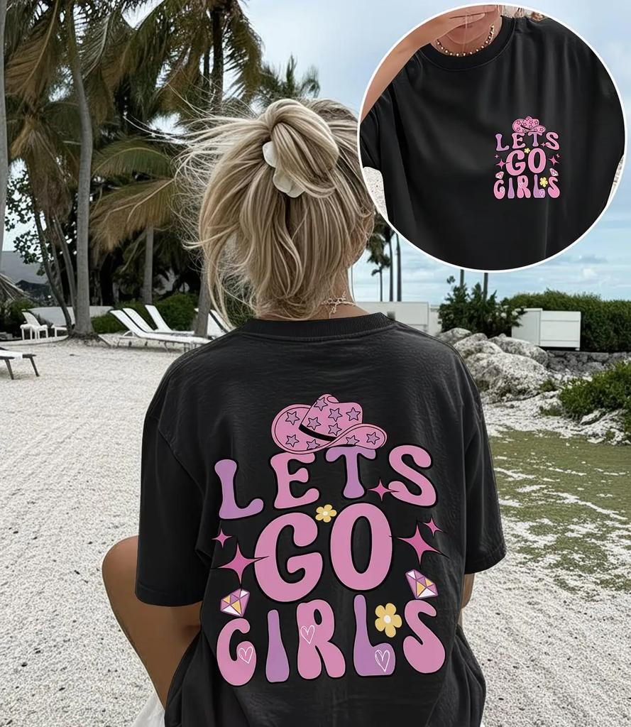 Lets Go Girls Graphic T Shirt Pink Cowboy Hat Aesthetic Tops Women Trendy Back Print Casual Loose Short Sleeve Summer Tee