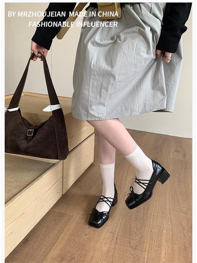 Women's 2025 Chunky Heel Mary Jane Shoes - French Square Toe, Pig Mouth Design, Spring/Autumn