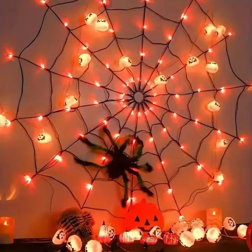 Halloween Spider Web Decoration Light With Giant Hanging Spider&Triangular Web,Indoor/Outdoor Wall Lamp For Haunted House,Party