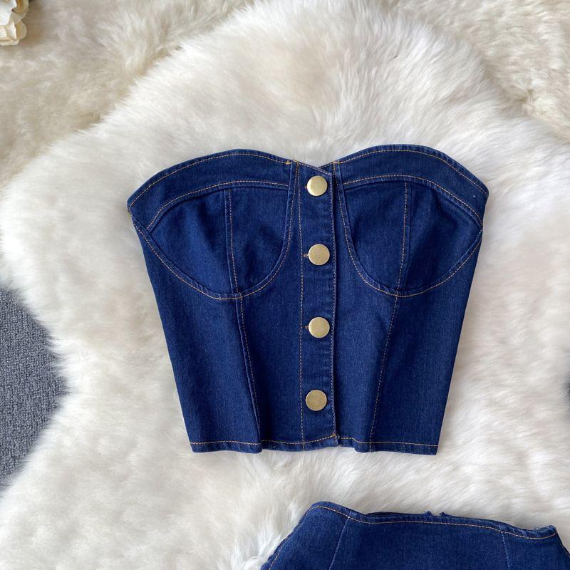 Sweet Cool Sexy Denim Tube Top Vest A- line Suit Skirt