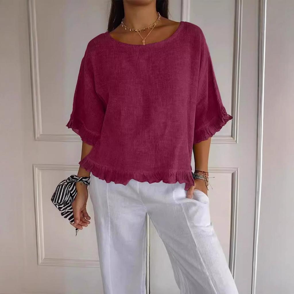 Frühling, Sommer und Herbst Damen Kurzarm Rundhals Baumwolle Leinen Einfarbig Locker Geschnittenes Shirt für Damen