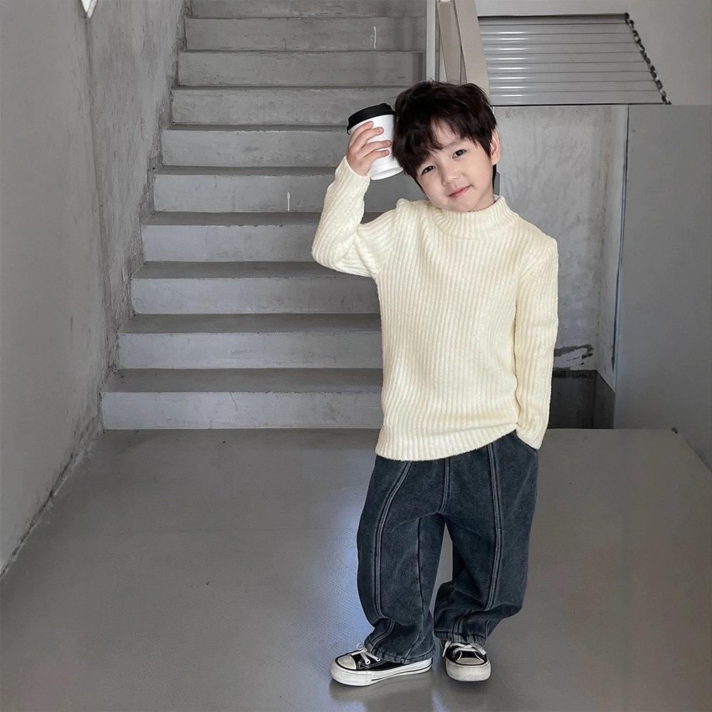 Boys Thick Fleece-Lined Half Turtleneck Solid Knit Base Layer Top for Winter