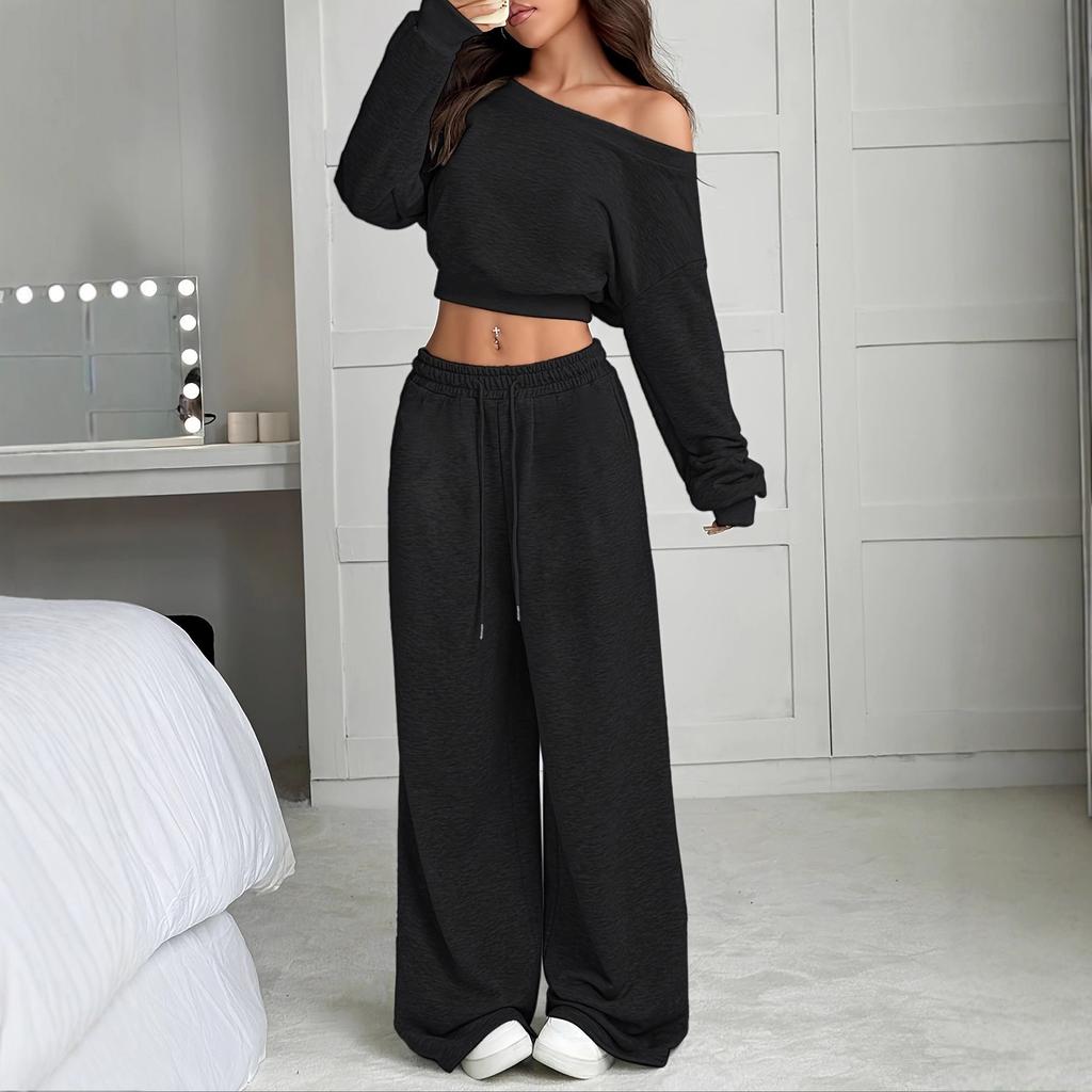 Tuta da Donna Vestibilità Larga Spalle Scoperte Manica Lunga Crop Top Vita Alta Pantaloni Larghi Tuta Due Pezzi