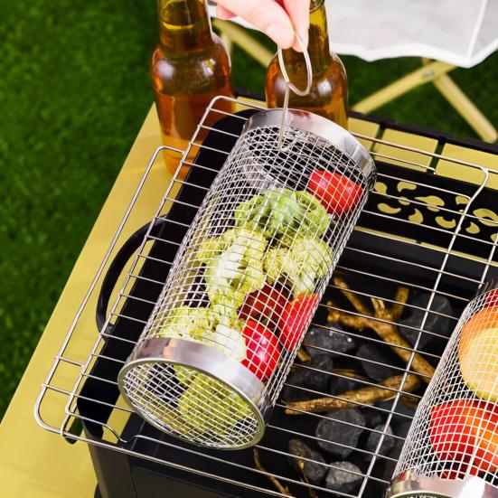 Drehbarer Grillkorb mit Holzgriff, Edelstahl-Zylinderkäfig für Camping, Antihaft-Outdoor-Kochwerkzeug
