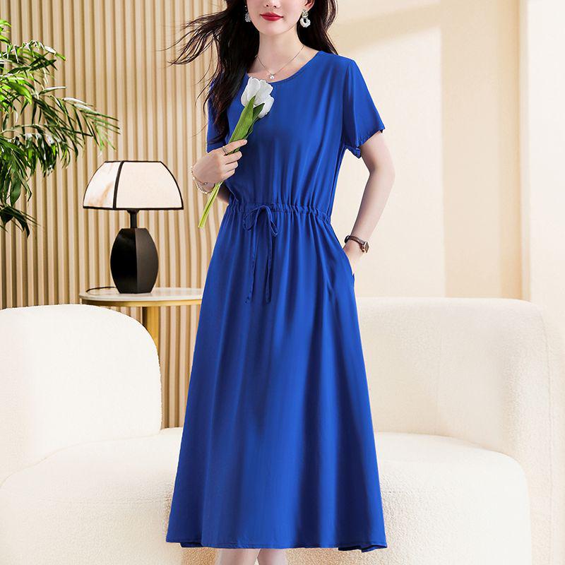 Elegant Plus Size Cotton Silk Knee-Length Dress with Waist Cinch for Middle-Aged Women