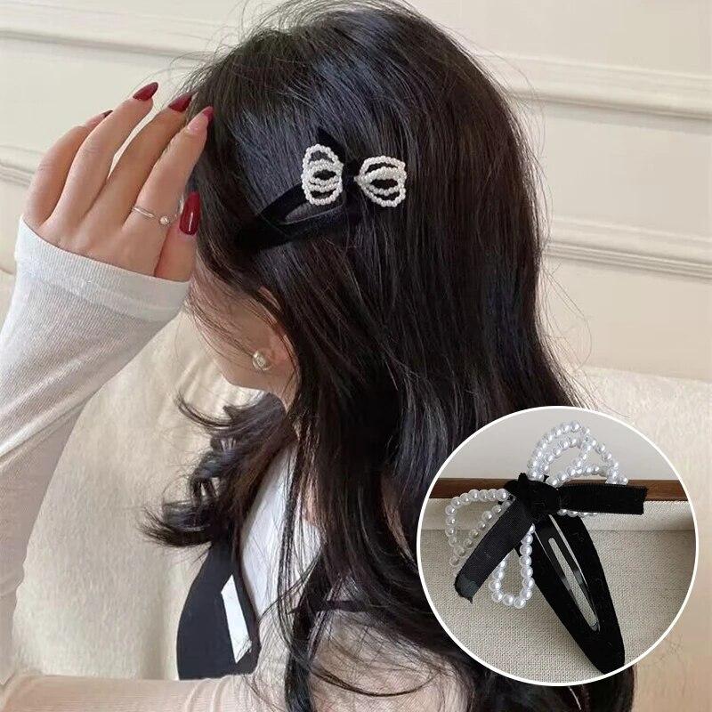 Retro Velvet Hair Clips For Women Vintage Imitation Pearl Bow Hairpins Side Clip Girls Black Barrettes Hair Accessories Headwear