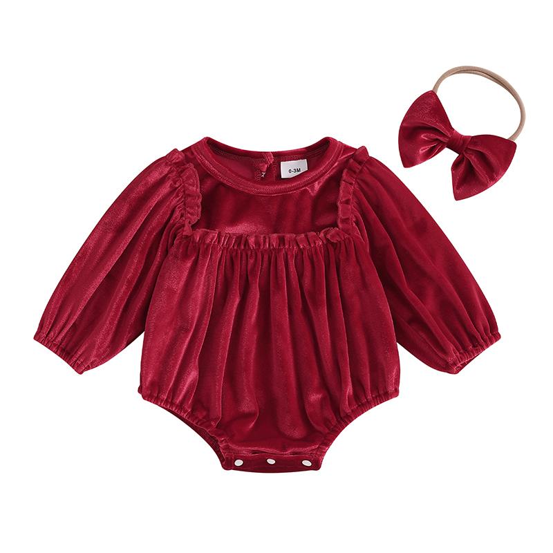 Newborn Baby Girls Romper Christmas Clothes Solid Color Round Neck Long Sleeve Velvet Jumpsuits with Headband Xmas Outfits