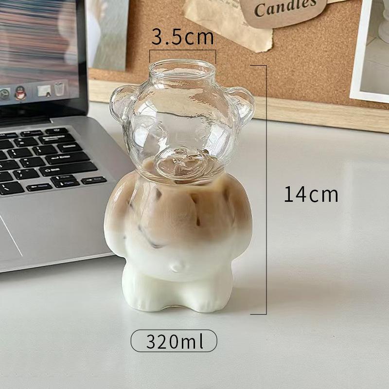 320ML Cute Bear Shaped Coffee Mug Cartoon Bear GlassCup With Straw TransparentCup Birthday Christmas Gift for Women Kids Friends