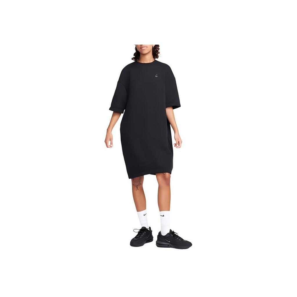 Nike Logo Solid Color Symmetrical Loose Fitting Bodycon Dress Round Neck Casual Short Sleeve Dress Women Dresses Black FB8337-010