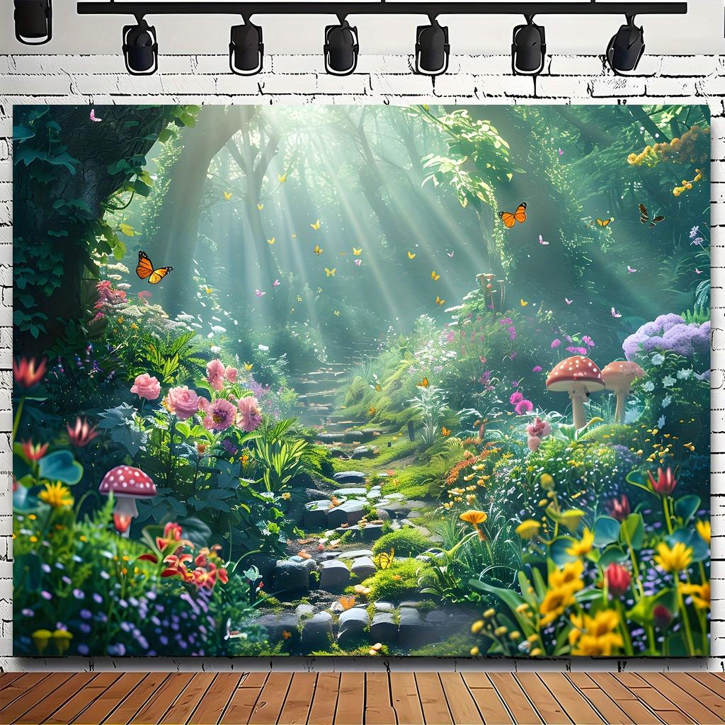 Dreamy Forest Fairy Tale Photography Background - Butterfly Flower and Mushroom Pattern Design Polyester Fabric