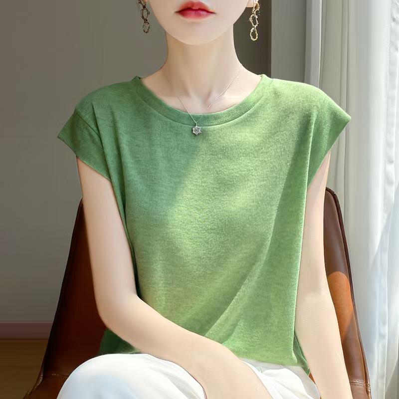 2026 Spring Women's Puff Sleeve Knit T-Shirt - Solid Color, Round Neck