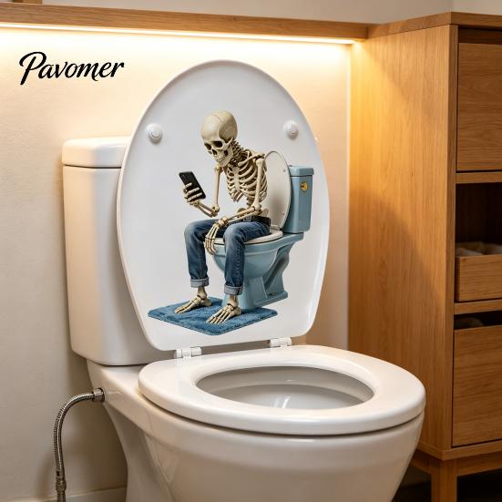 Quick Home Transformation Stickers Funny Skeleton Toilet Cover Sticker, Self-Adhesive Waterproof Sitting on Phone Playing Seat Lid Decal, Novelty