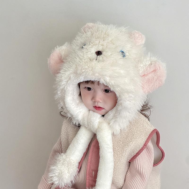 Korejský styl Zimní šála a čepice Jednodílná sada dvou kusů Roztomilé jehněčí békání Dětská teplá Ochrana uší Vlněná čepice