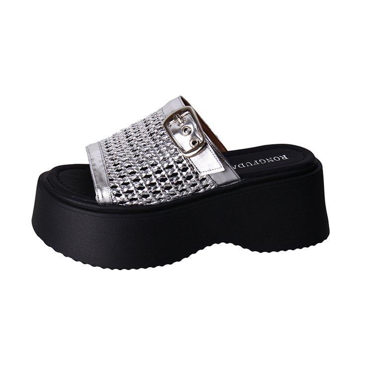 

Пляжные шлепанцы на толстой подошве с увеличением роста, новые летние уличные шлепанцы на танкетке, плетеные, высококлассные шлепанцы с одним ремешком, женские 40 серебряный