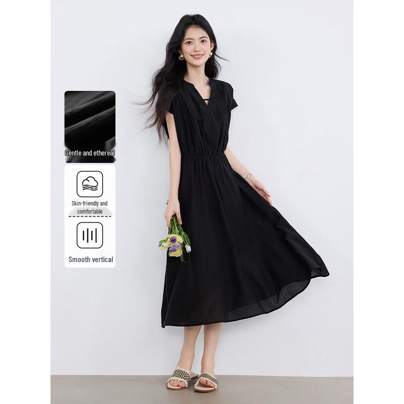 Lyocell Blend V-Neck A-Line Midi Dress M