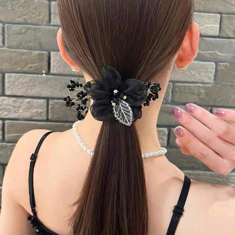 1pc New Floral & Leaf Design Hair Scrunchie with Rhinestones, Fashionable Hair Accessory with Elegant Feel