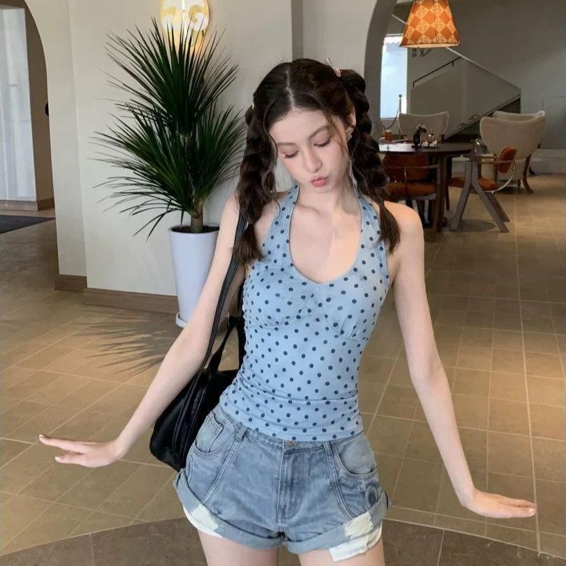 Blue Polka Dot V-neck Neck Sling Vest Women's Summer New American Spice Girl Style Slim-fitting Sleeveless Top