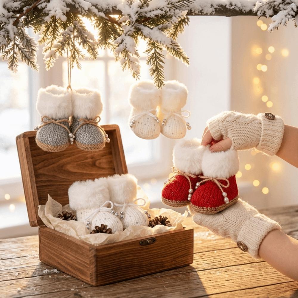Bow Beads Knitted Christmas Boots Built-in Hanging Loop Boot-Shaped Ornament  Box Embellishment