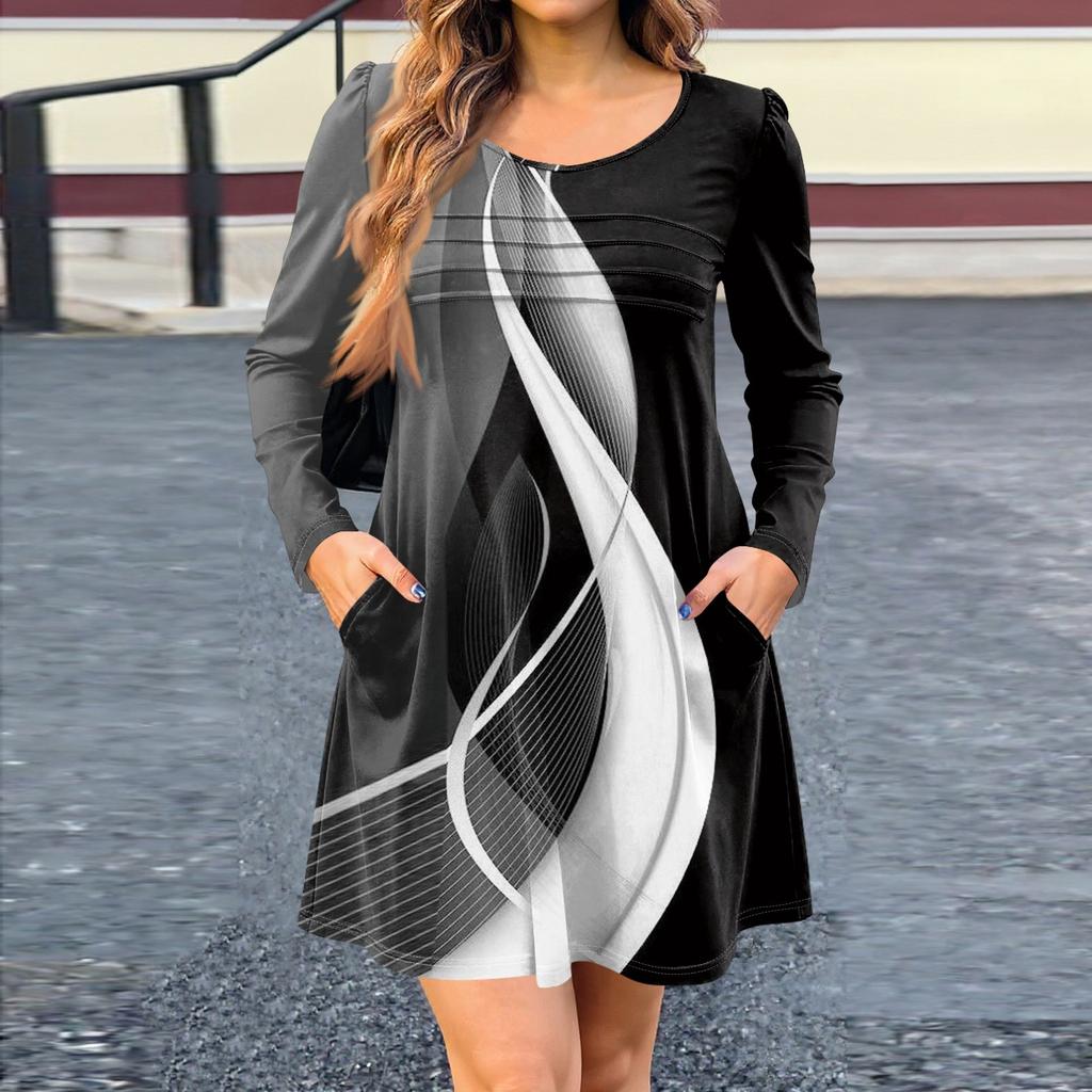 Women's Long Sleeve Dress Fall Casual T Shirt Loose Fit Pleated Front Dresses With Pockets