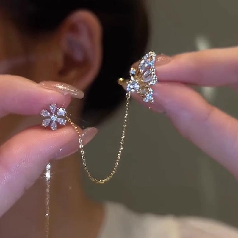 Elegant Butterfly Flower Tassel Earrings with Ear Bone Clip