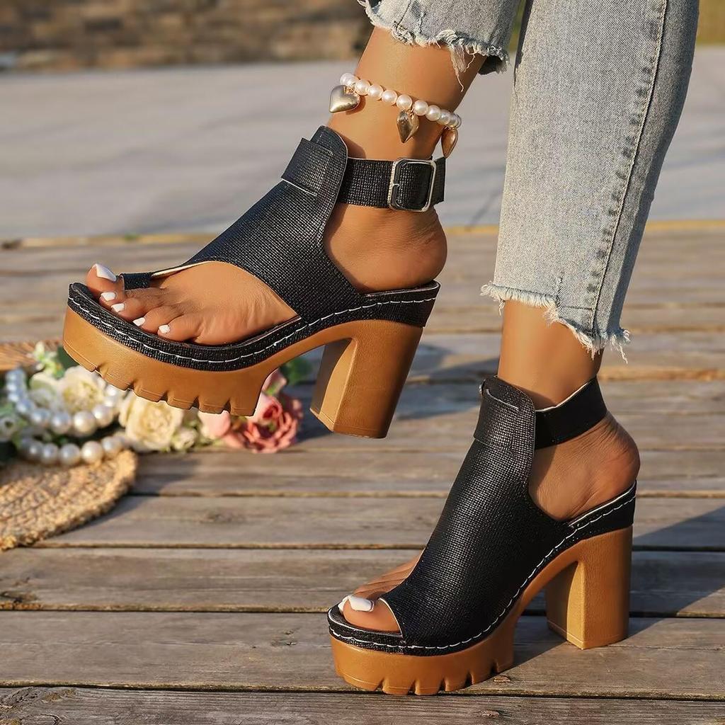 2026 Chunky Heel Women's Sandals: European & American Thick-Soled, Toe-Covering, Buckled High Heels for Summer