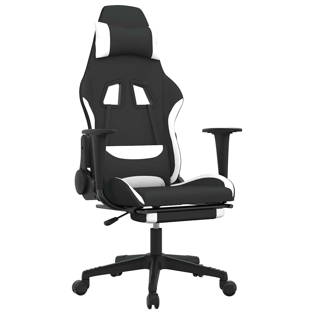 Gaming Chair with Massage Function and Footrest Black and White Fabric