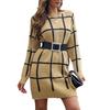 New Fall Winter Women Loose Knitted Long Sleeve Sweater Dress Plaid Contrast Color Bottoming Sizes S to L