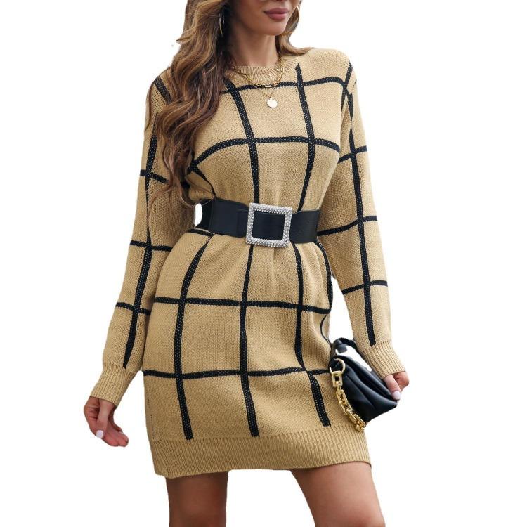 New Fall Winter Women Loose Knitted Long Sleeve Sweater Dress Plaid Contrast Color Bottoming Sizes S to L
