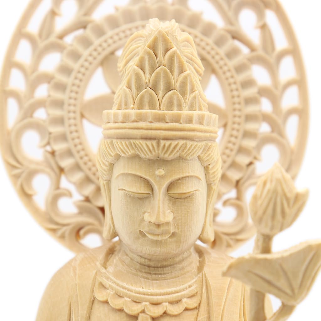special Buddhist statue Seikannon inches height 23 width 9 depth carved cypress wood with a jeweled halo and round base 8114 Kurita's [Bodhisattva]