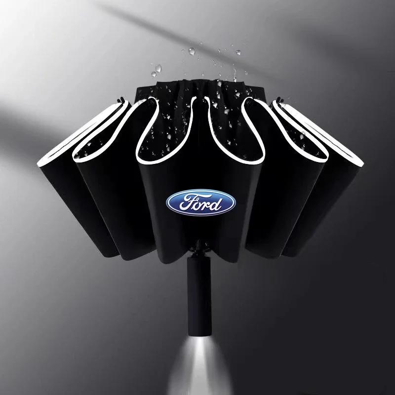

Car Sticker Hot For Ford Automatic Umbrella with LED Reflective Strip Rain Wind Umbrella For Ford ST Racing RS S Mustang Kuga Fi чёрный