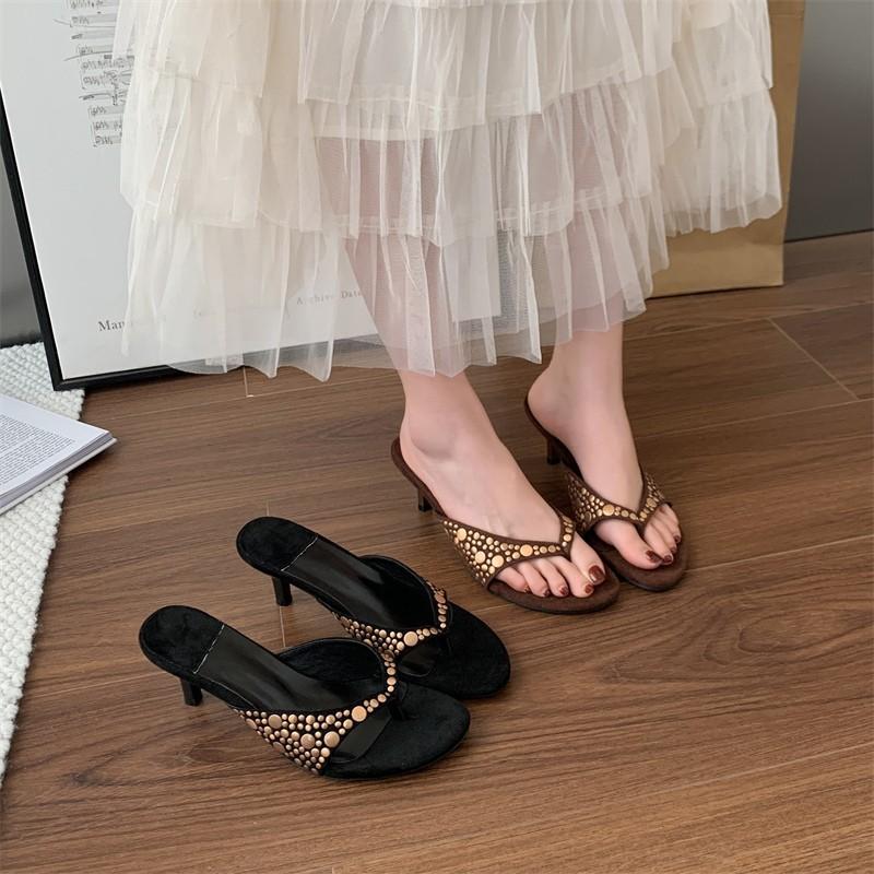 2025 Retro One-pedal Flip-flops Brown Pinch-foot Niche High-heeled Sandals