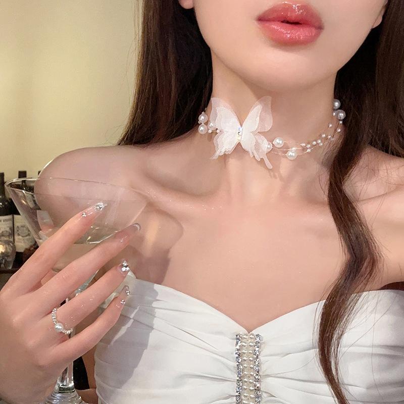 Korean Butterfly Imitation Pearl Chain Choker Necklace Fairy Butterfly Layered Pearl Clavicle Chain Necklaces Women Jewelry
