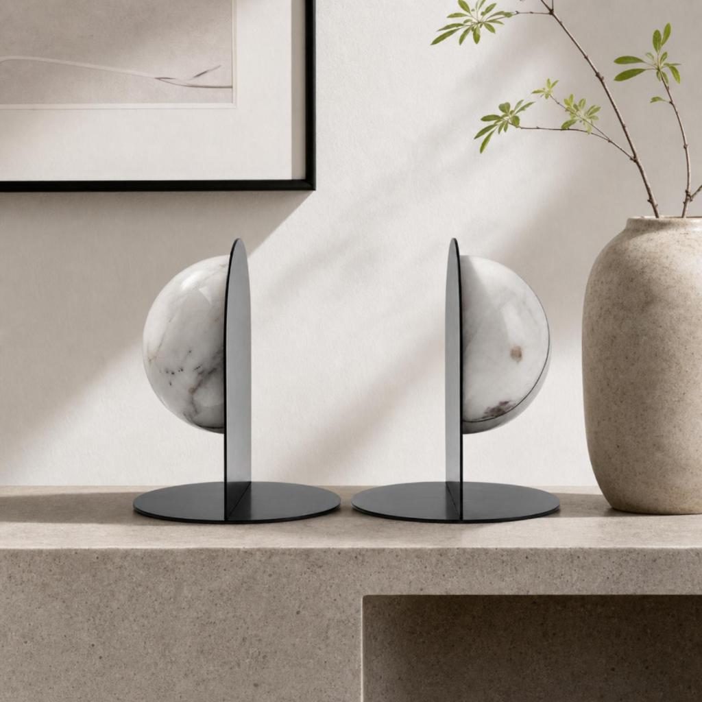 Round Bookends with Marble Sphere Modern Bookend Set Heavy Duty for Reading Nook