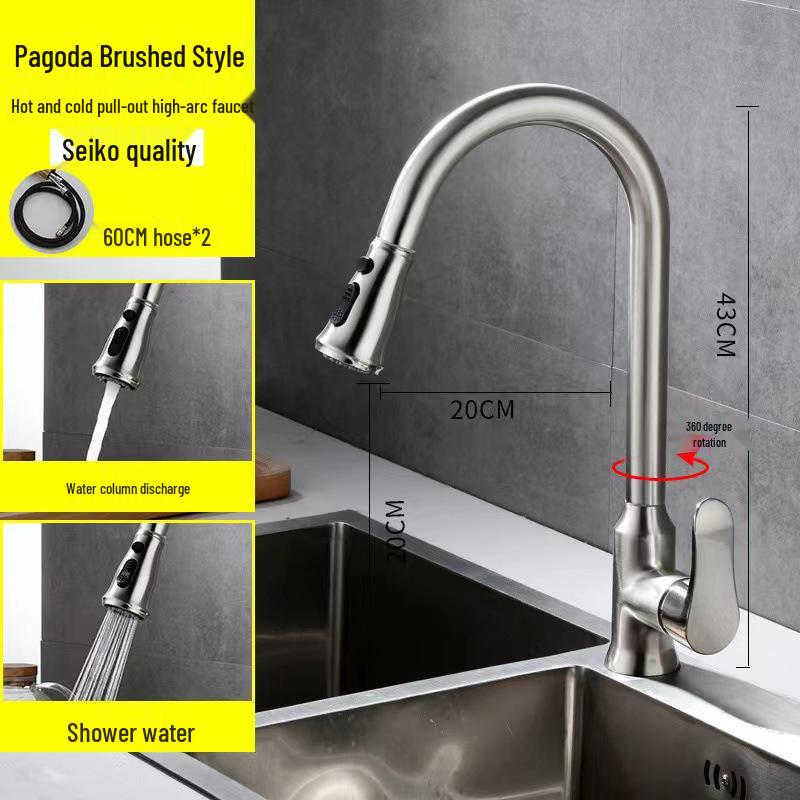 Stainless Steel Telescopic Rotatable Pull-Out Kitchen Faucet with Dual Water Outlets