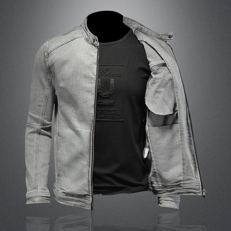 High Quality Elastic Zipper Denim Jacket for Men, Washed and Fried Sand Gray Slim Fitting Fashion Jacket for Men