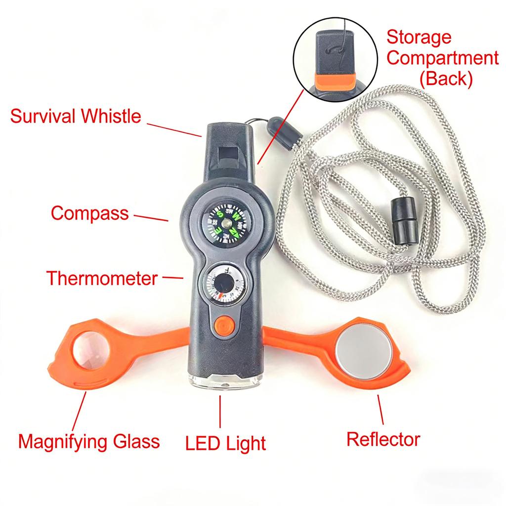 Multifunktionspfeife mit Kompass und LED-Taschenlampe, Tragbares Sicherheitswerkzeug mit Lanyard für Camping, Wandern & Notfallausrüstungen, Alles-in-Einem