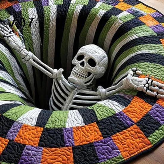 Sezónní sváteční dekorace 3D kulatý Halloween koberec, Strašidelný kostlivec Optická iluze Plošný koberec, Jedinečné vizuální rohože Prošívaný strašidelný hloubka Neklouzavý koberec