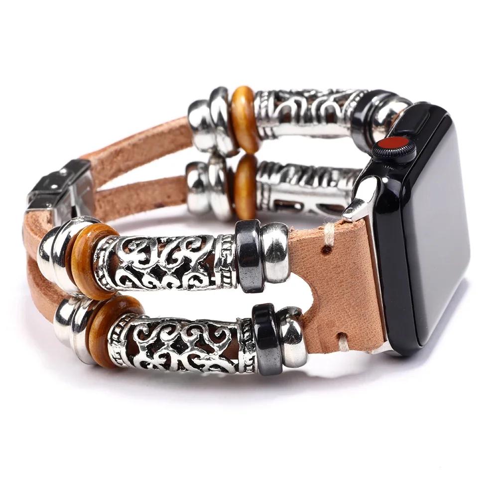 

Шкіряний ремінець для Apple Watch bands Ultra 2 49мм 41мм 45мм 44мм/40мм 38/42 Ручна робота Серія браслетів Bohemia 8 9 7 6 5 4 SE band 49mm-42mm-44mm-45mm бежевий