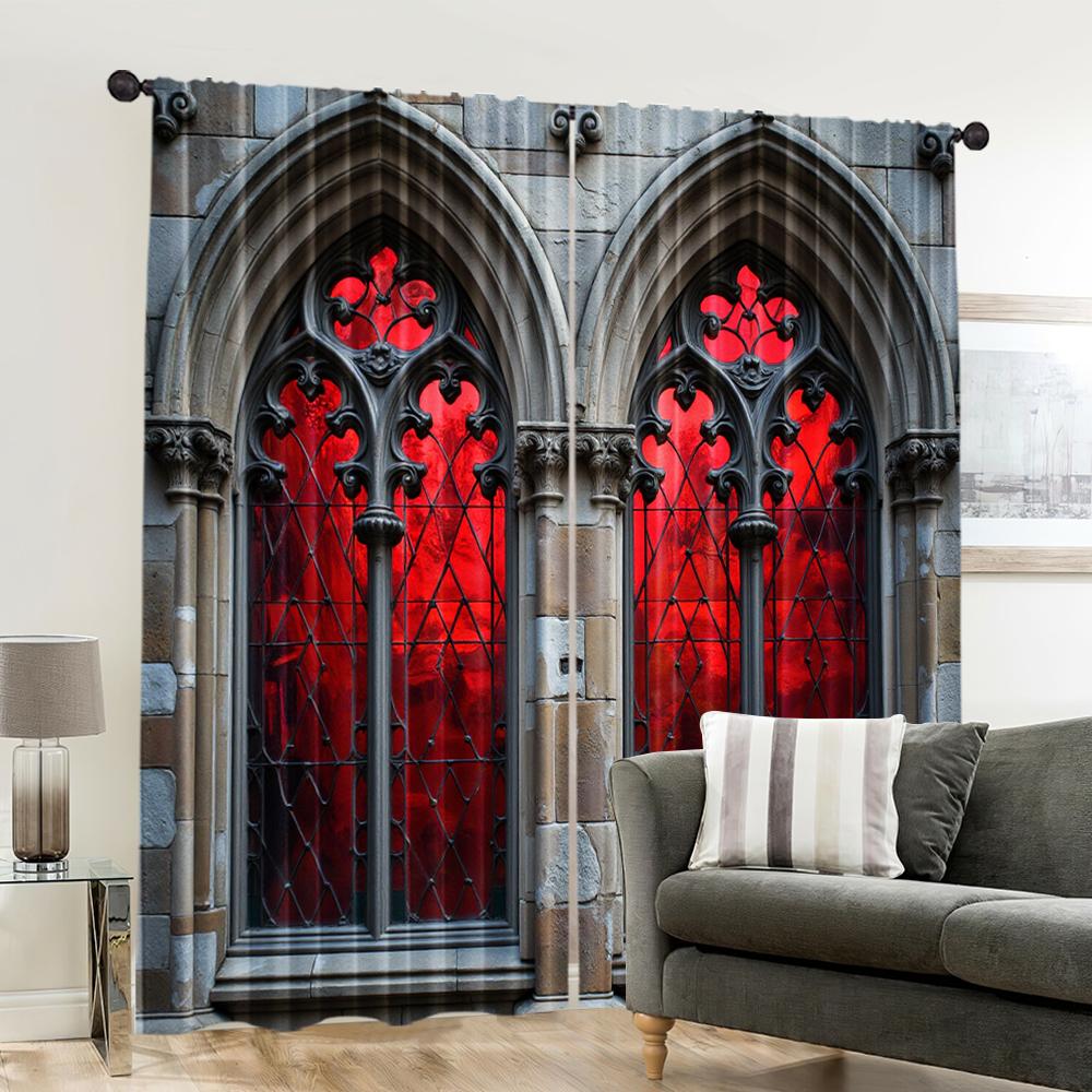 2pcs, 2D flat printing Curtains Gothic castle Versatile Polyester,Without Electricity Holiday Decorations Suitable for Party