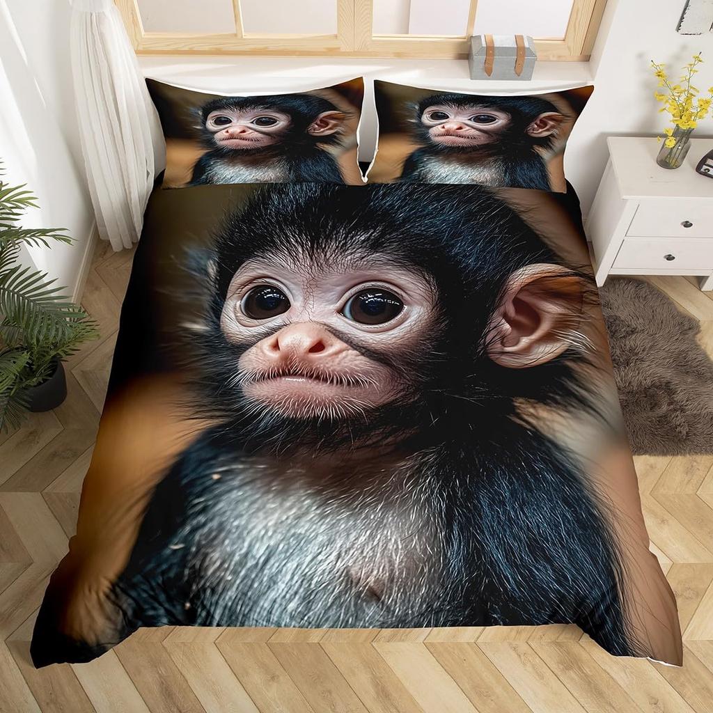 Monkey Queen Full Twin Comforter Cover, Kawaii Animal Monkey Duvet Cover Branches Leaves Bedding Set For Kids Girls Teens Adult