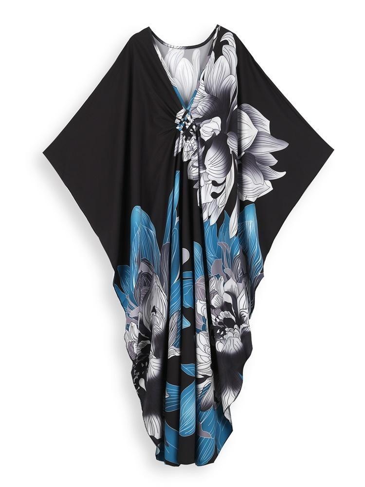 Plus Size Women Kaftan House Robe Bohemian Printing V Neck Homewear Beach Wear Bathing Suit Cover Up