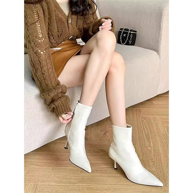 Hong Kong short boots women's single boots high heel elastic medium tube white pointed middle heel ins Internet celebrity thin boots