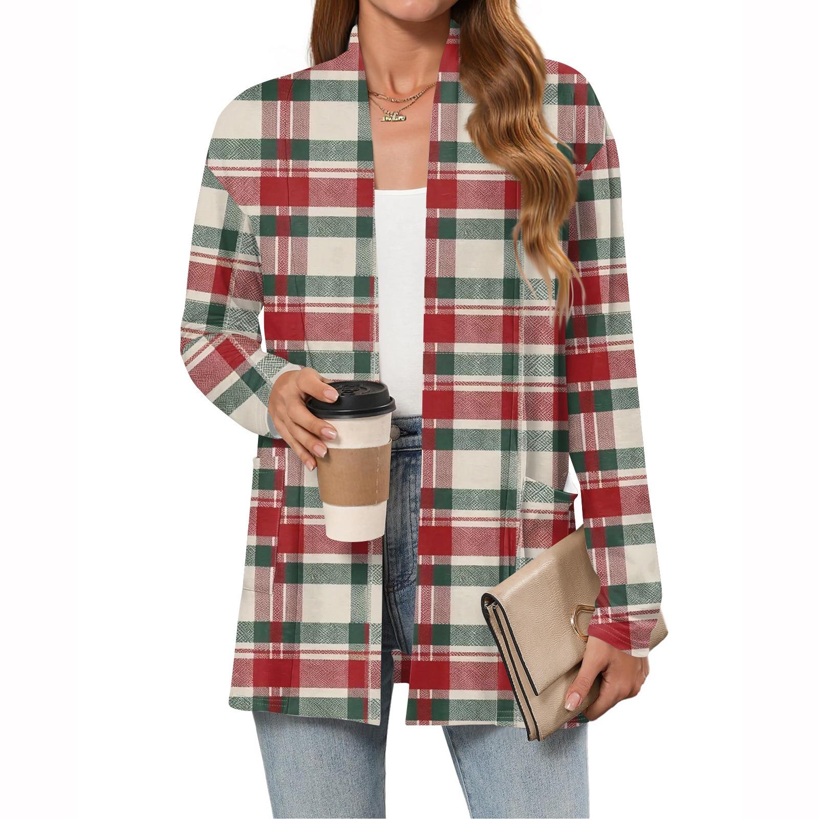 

Women s Christmas Printed Lightweight Cardigan Long Sleeved Casual Loose Thin Fit With Pockets Cardigan Jacket XXL винний