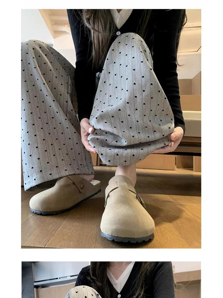 Dark Grey Heart Pattern Wide Leg High Waist Petite Women's Trousers - Spring/Summer Casual Straight Leg Floor Length Pants